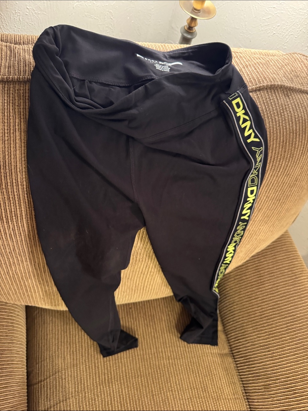 DKNY Women’s Stretchy Black Leggings with Neon Logo Side Tape Size Large